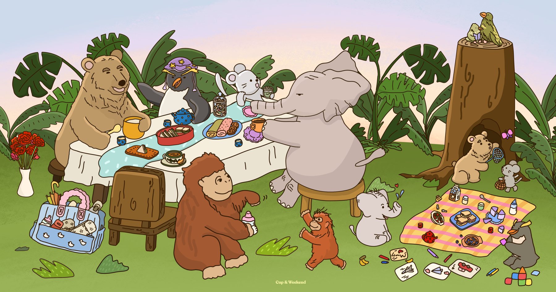 An illustrated tea picnic with a bear, an elephant, a mouse and other animals, gathered in a tropical garden